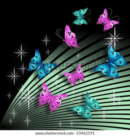 Beam background with butterfly and stars. Raster version of vector.
