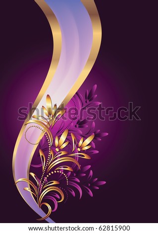 Background with golden ornament and elegant ribbon. Raster version of vector.