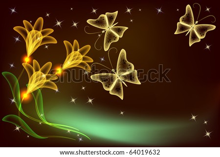 Glowing transparent flowers, stars and butterfly. Raster version of vector.