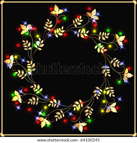 Golden wreath with lighted lamps. Raster version of vector.