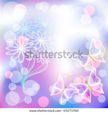 Floral shining vector background with transparent butterfly. Raster version of vector.