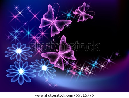 Glowing transparent flowers, stars and butterfly. Raster version of vector.