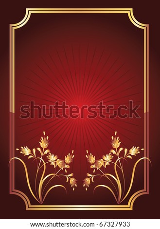 Red background with golden ornament, elegant frame and beams. Raster version of vector.