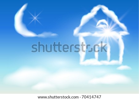 Cloud house in the sky and the moon. Raster version of vector.