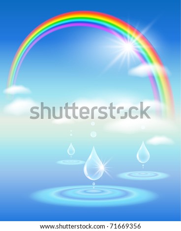 Rainbow, sky, clouds, water and sunshine.  Symbol of clean  water.