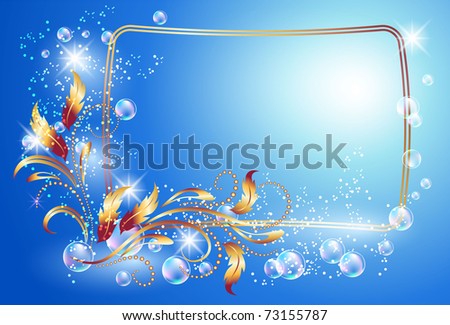 Glowing background with signboard, bubbles, stars and golden ornament. Raster version of vector.