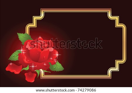 Red rose with golden frame. Raster version of vector.