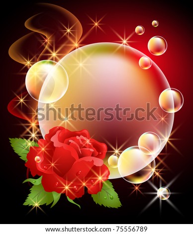 Glowing background with rose, bubbles, smoke and stars. Raster version