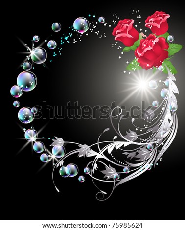 Glowing background with roses, silver ornament, stars and bubbles. Raster version of vector.