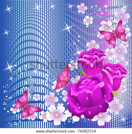 Glowing background with roses and stars. Raster version of vector.