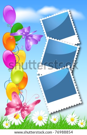 Balloons, butterfly, flowers and photo frame