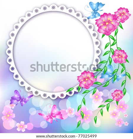 Page layout photo album with flowers and butterfly. Raster version of vector.
