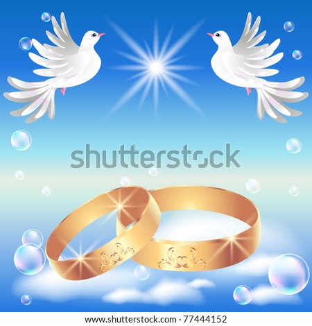 stock vector Card with wedding ring and dove in the clouds