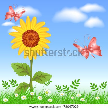 Sunflowers, grass, clouds and butterflies. Raster version of vector.