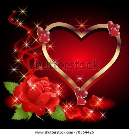 Glowing background with golden heart, roses, smoke and stars. Raster version of vector.