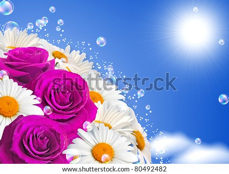 Daisies, roses and bubbles against the sky