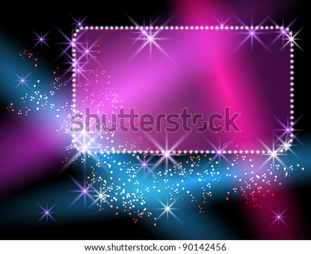 Glowing background with signboard, stars and rays. Raster version of vector.