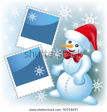 Page layout photo frame with snowman. Raster version