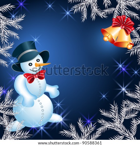 Christmas background with  snowman and bells. Raster version of vector.