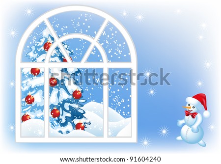Christmas window, spruce and snowman. Raster version of vector.