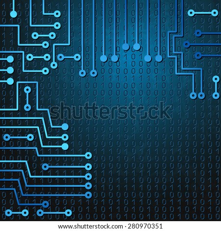 Drawing modern electronic circuit and  binary code on blue grungy background