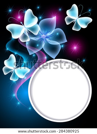 Glowing blue background with transparent butterflies, flower and round frame for text or photo