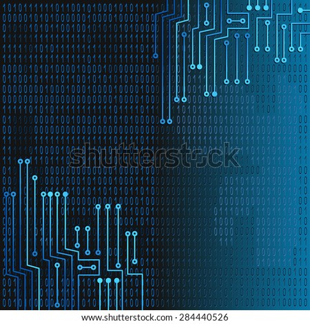 Drawing modern electronic circuit and  binary code on blue background