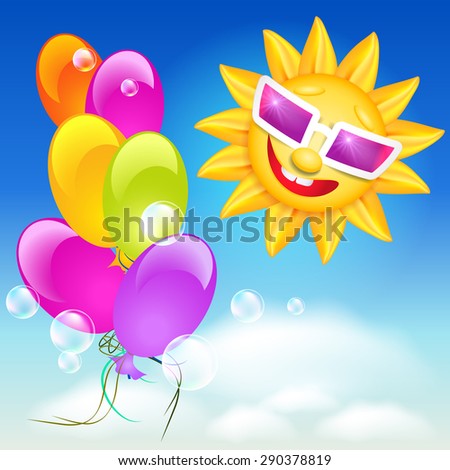 Smiling shines sun in glasses on blue sky background and balloons