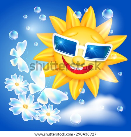 Smiling shines sun in glasses with butterfly and flowers on blue sky background