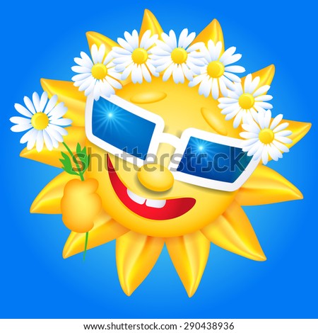 Smiling shines sun in glasses and chaplet on blue background