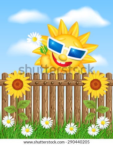 Wooden fence on grass with sunflower and smiling sun
