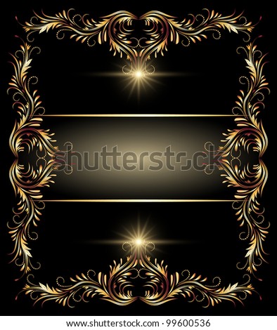 Background with glowing stars and golden ornament. Raster version of vector.