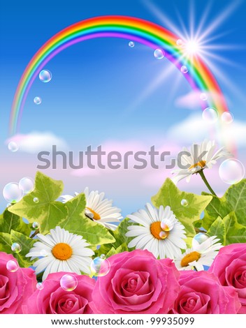 Sky, flowers, clouds, rainbow  and  sunshine