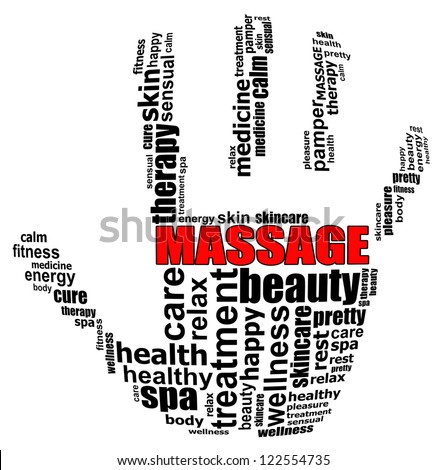 MASSAGE for therapy and spa info text graphics and arrangement concept on white background (word cloud) - stock photo