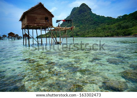 Ocean View Of A Sea Gypsy Village House On Mabul Island In Celebes Sea, Sabah, Malaysia.