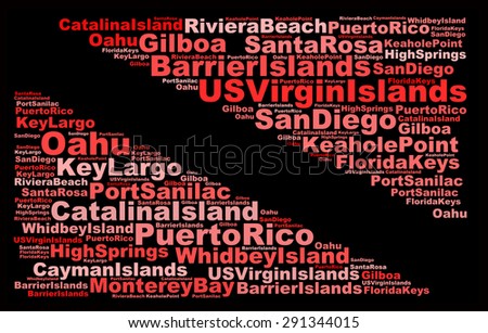 SCUBA DIVING, popular dive sites in the United States of America in order info-text graphics composed in the form of a dive flag concept (word clouds) on a black background.