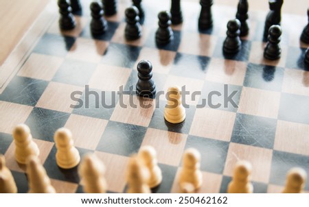 Black and white chess in the center of board, Means the competition, Shallow in depth of field