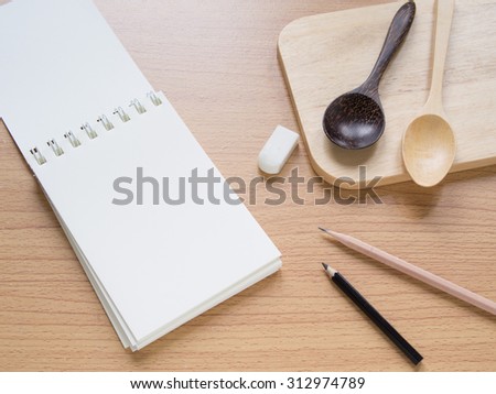 Paper note with wooden kitchen utensil, Concept for Menu Creation or Restaurant Commentator, Filter process.