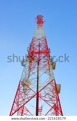 Telecommunication Radio Antenna and Satellite Tower with blue sky