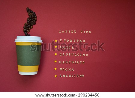 Coffee cup with coffee beans, coffee menu