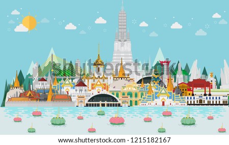 Thailand, Bangkok in Thailand with attractions, landmark. Loy Krathong Festival. vector illustration