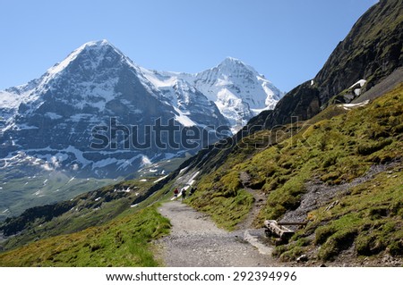 The North Face of the Eiger viewed from the track from Mannlichen, in the Swiss Alps near Interlaken. These tracks, although high, are accessible to all those with a reasonable fitness.