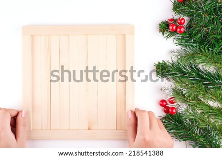 Christmas and New Year decorations with wooden background of aged boards. A field for the text. Christmas letter. Holiday card