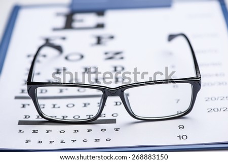 Sight test seen through eye glasses, white background isolated. Focus on eye glasses