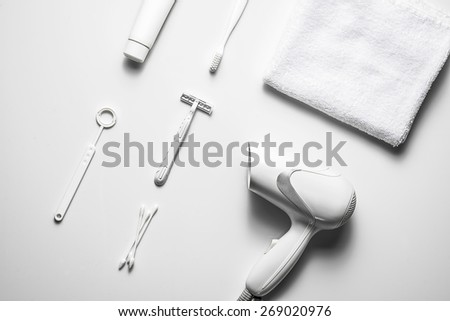bathroom setting on white background. Personal care equipment for health, beauty and hygiene. Top view