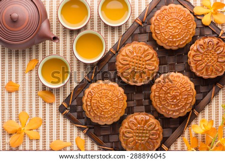Mooncake and tea,food and drink for Chinese mid autumn festival.