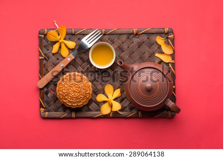 Mooncake and tea,Chinese mid autumn festival food. angle view from above
