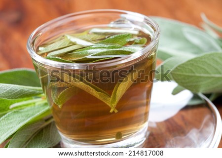 hot sage tea surrounded by bunches of  healthy sage, wooden floor,