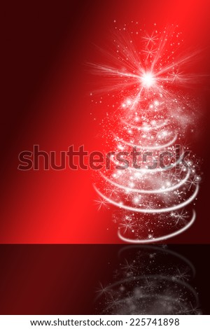 christmas greeting card, red and black background, reflection, white christmas tree