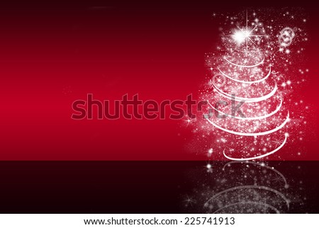 white christmas tree with lights and stars on red and black background, reflection